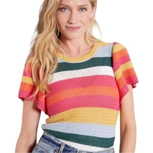 Evereve Knit Cotton Rainbow Flutter Striped Haven Sweater Women Size XS